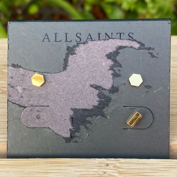 NWT New All Saints Gold Tone Hexagon & Stick Stud Earrings - Picture 1 of 6